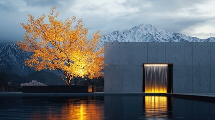 Modern Concrete Pool with Waterfall, Mountain View, Illuminated Tree