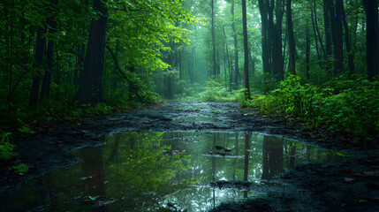 Obraz premium Forest Path Reflection: A Tranquil Nature Scene
