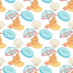 Seamless pattern with sandcastles, seashells, and blue swimming rings for summer
