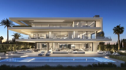 Obraz premium Modern three-story villa with pool and outdoor space at twilight