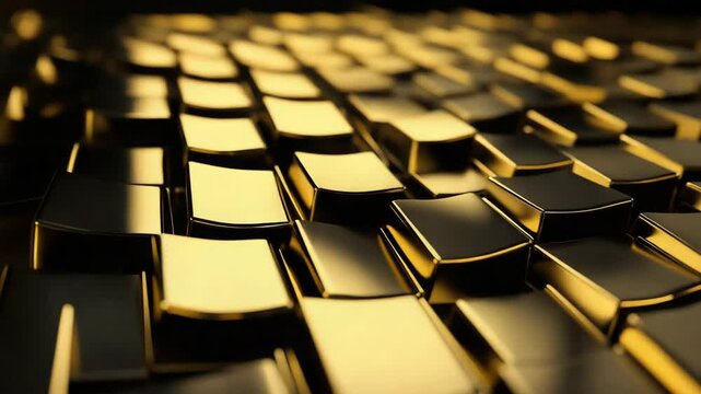 A close-up view of shiny, gold and black metallic tiles arranged in a geometric pattern with reflective surfaces.
