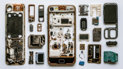 Disassembled Smartphone Components on White Background for Technology and Repair Use