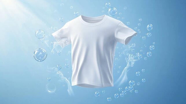 Clean white t-shirt, water bubbles, bright background, laundry ad