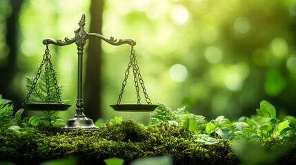 Scales of justice and green leaves on a forest background. Eco-friendly. Environment law and sustainable development. Global environment. Sustainable environment protection. Green environment. Health