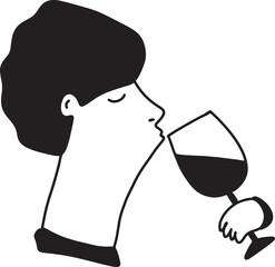 Man Drinking Wine. Line Drawing Doodle	
