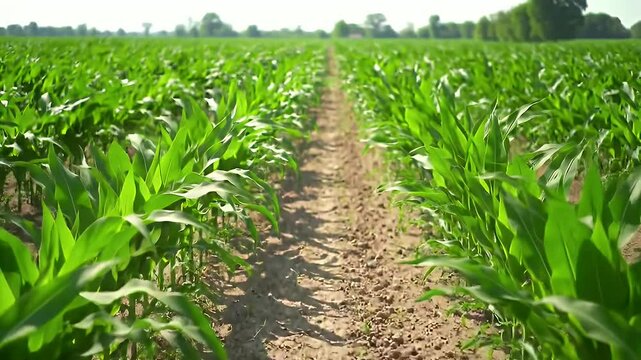 Symmetrical Corn Rows in Farmland Agriculture with Green Plants in Farm land at Ground View Perfect for Agriculture Projects and Decoration