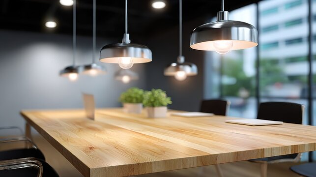 Modern minimalist office meeting table with warm wooden tones, conveying professionalism and simplicity in workspace design.
