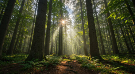 Obraz premium Enchanting Sunlight Illuminating a Dense Forest Canopy during a serene morning