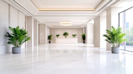 Elegant, modern lobby with pristine white marble floors and walls.  Indoor plants add a touch of nature to the spacious area