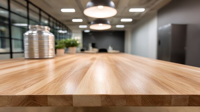 Modern minimalist office meeting table with warm wooden tones, conveying professionalism and simplicity in workspace design.
