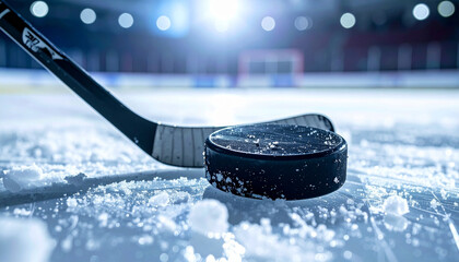 Ice hockey stick and a puck ready for a game on the ice