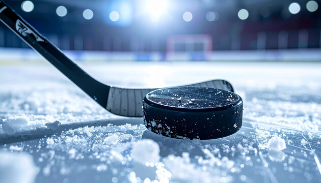 Ice hockey stick and a puck ready for a game on the ice