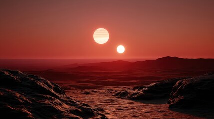 A binary sunset over an alien planet's surface, with two suns casting long shadows - travel odyssey bodies