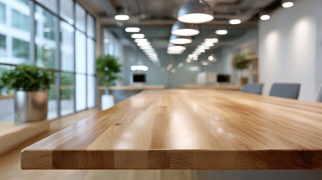 Modern minimalist office meeting table with warm wooden tones, conveying professionalism and simplicity in workspace design.
