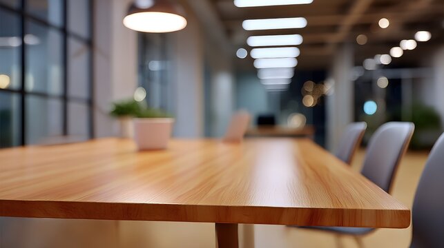 Modern minimalist office meeting table with warm wooden tones, conveying professionalism and simplicity in workspace design.
