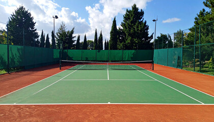 Naklejka premium A beautiful tennis court on a hot summer day on vacation with some trees in the background