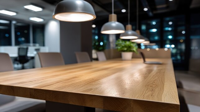 Modern minimalist office meeting table with warm wooden tones, conveying professionalism and simplicity in workspace design.
