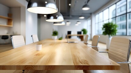 Modern minimalist office meeting table with warm wooden tones, conveying professionalism and simplicity in workspace design.
