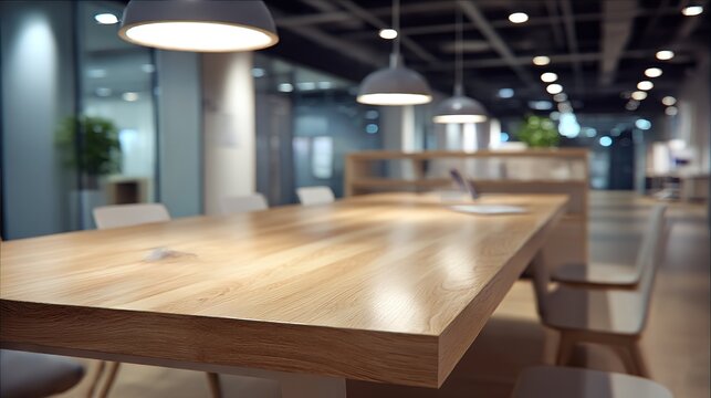 Modern minimalist office meeting table with warm wooden tones, conveying professionalism and simplicity in workspace design.
