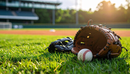 Baseball equipment lying in the baseball field before a game