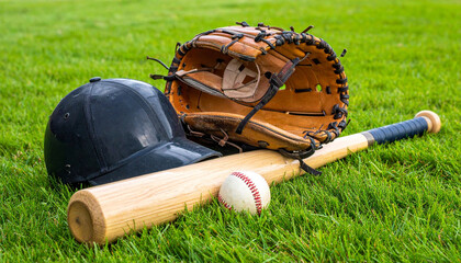Baseball equipment lying in the baseball field before a game