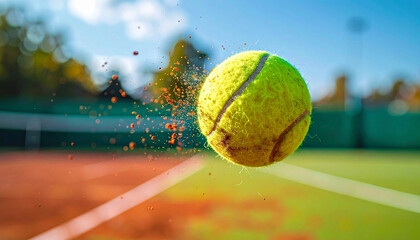 A tennis ball at high speed flying through the air at a tennis court game