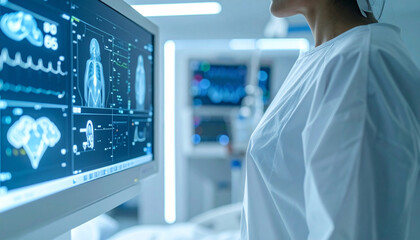 A woman in a hospital ready to do a scan or mammography test in a sterile environment