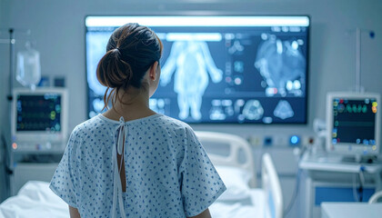 A woman in a hospital ready to do a scan or mammography test in a sterile environment
