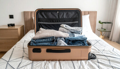 A suitcase with folded clothes lying on a bed in a hotelroom