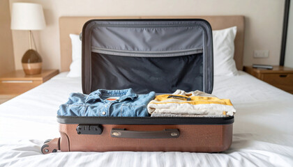 A suitcase with folded clothes lying on a bed in a hotelroom