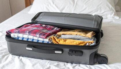 A suitcase with folded clothes lying on a bed in a hotelroom