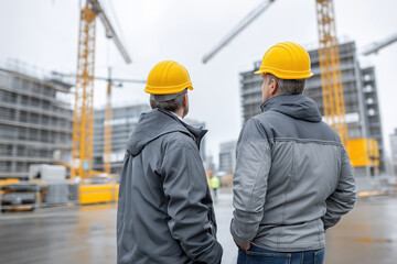 Two construction professionals wearing yellow hard hats and grey jackets, observing a bustling construction site with cranes and building structures, embodying teamwork and project management