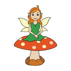 An autumn fairy sits gracefully on a mushroom, surrounded by golden leaves. Her wings shimmer in the soft, amber light, embodying the magic and serenity of fall.