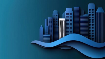 Abstract city skyline illustration with wavy water edge