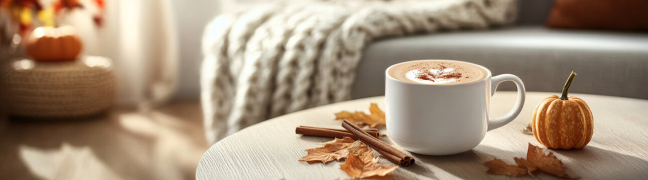 cozy mug of pumpkin latte sits on elegant table, surrounded by autumn leaves and small pumpkin, evoking warm and inviting atmosphere perfect for fall