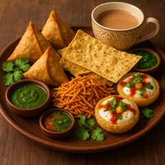 A beautifully arranged traditional Indian snack platter with a mix of crispy snacks, savory treats, and refreshing yogurt-based dishes.