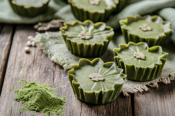 Fototapeta premium Delightful matcha cookies in flower shaped paper cases, showcasing vibrant green color and rustic wooden background, evoke sense of warmth and comfort