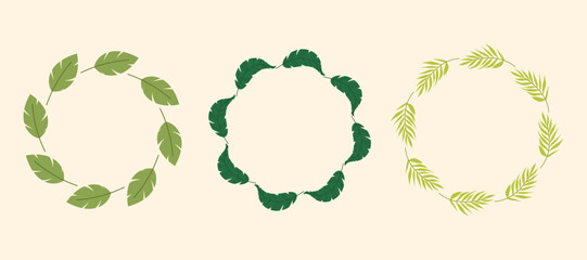 Tropical leaves, jungle. Set tropical frames or borders. Round tropical frame for invitation, card, cover, birthday, baby shower.