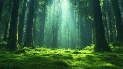 Obraz premium Lush forest floor bathed in sunlight. Sunlight streams through a dense forest canopy, illuminating a mossy forest floor. Tall trees rise, covered in moss. Tranquil and peaceful scene