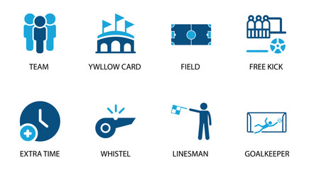 Soccer Game Elements.Team, Stadium, Field, Free Kick, Extra Time, Whistle, Linesman, Goalkeeper Icons