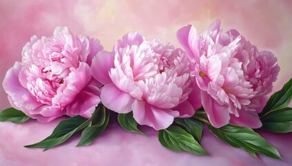Three blush pink peonies with lush green leaves, arranged on a soft pink background