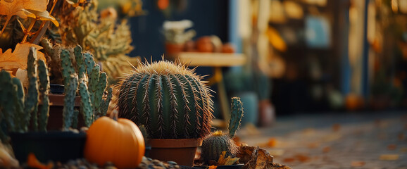 display of beautiful cacti in various pots, surrounded by autumn leaves and small pumpkin, creates warm and inviting atmosphere. scene captures essence of fall gardening