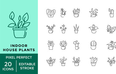 Indoor Houseplants Icon Set – Flat Outline Plant Icons, Potted Plants, Botanical Line Art