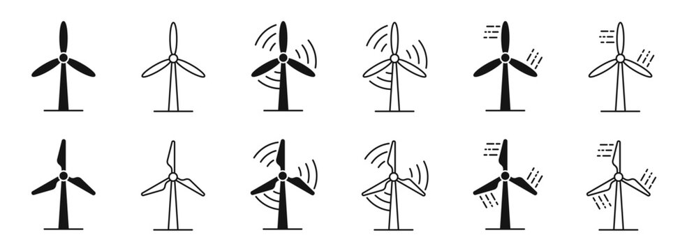 Windmill vector icons. Wind turbine icons. Wind power icons. Wind turbine vector silhouettes. Alternative energy symbols. EPS 10