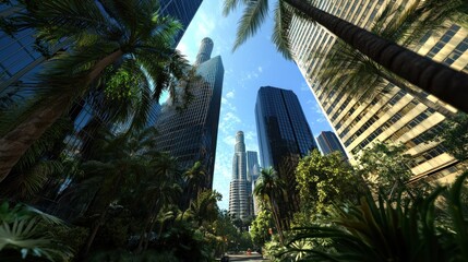Cityscape of Los Angeles with palm trees