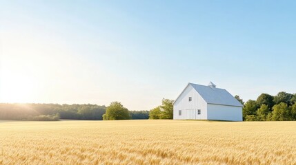 White barn in a golden field at sunrise