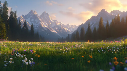 Majestic Mountain Meadow at Sunset: A Breathtaking Landscape