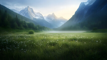 Obraz premium Majestic Sunrise in Alpine Meadow: Serene Mountain Landscape Photography