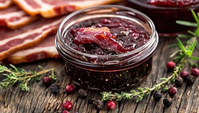 Cranberry bacon jam in a glass jar with herbs