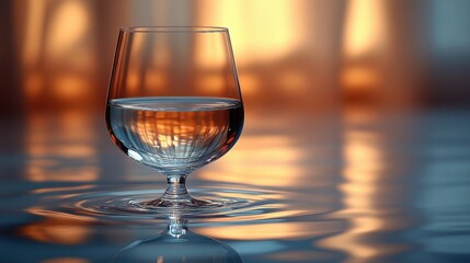Elegant Wine Glass with Water Reflecting Soft Light on a Smooth Surface